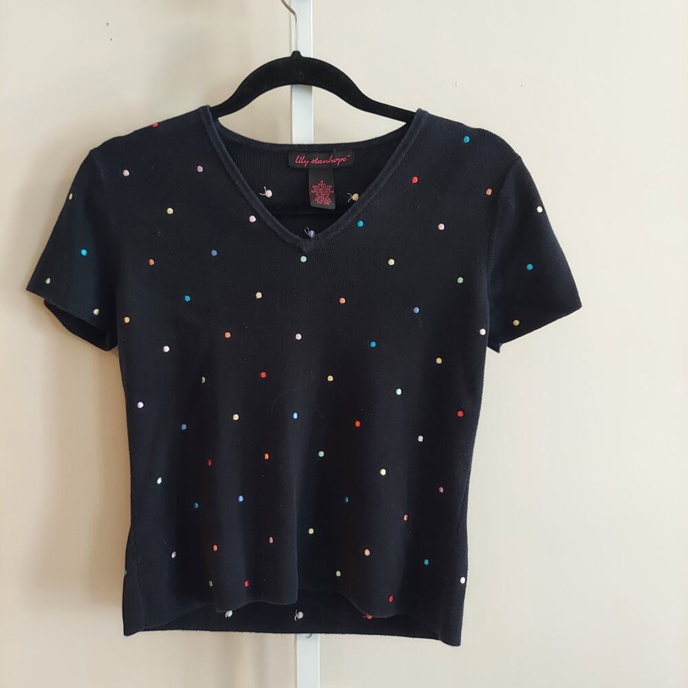 Lily Stanhope Embroidered Polka Dot V-Neck Shirt Small Black‎ Short Sleeve 90s